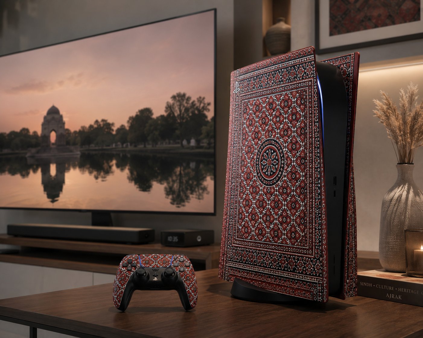 Customer living room setup with the Ajrak custom PS5 skin