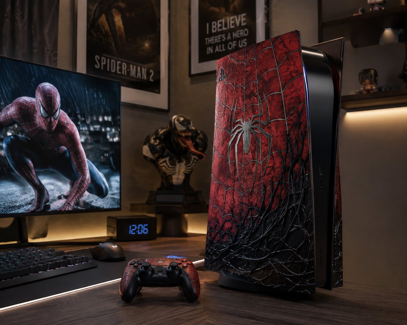 Customer gaming desk setup with the Red Web custom PS5 skin