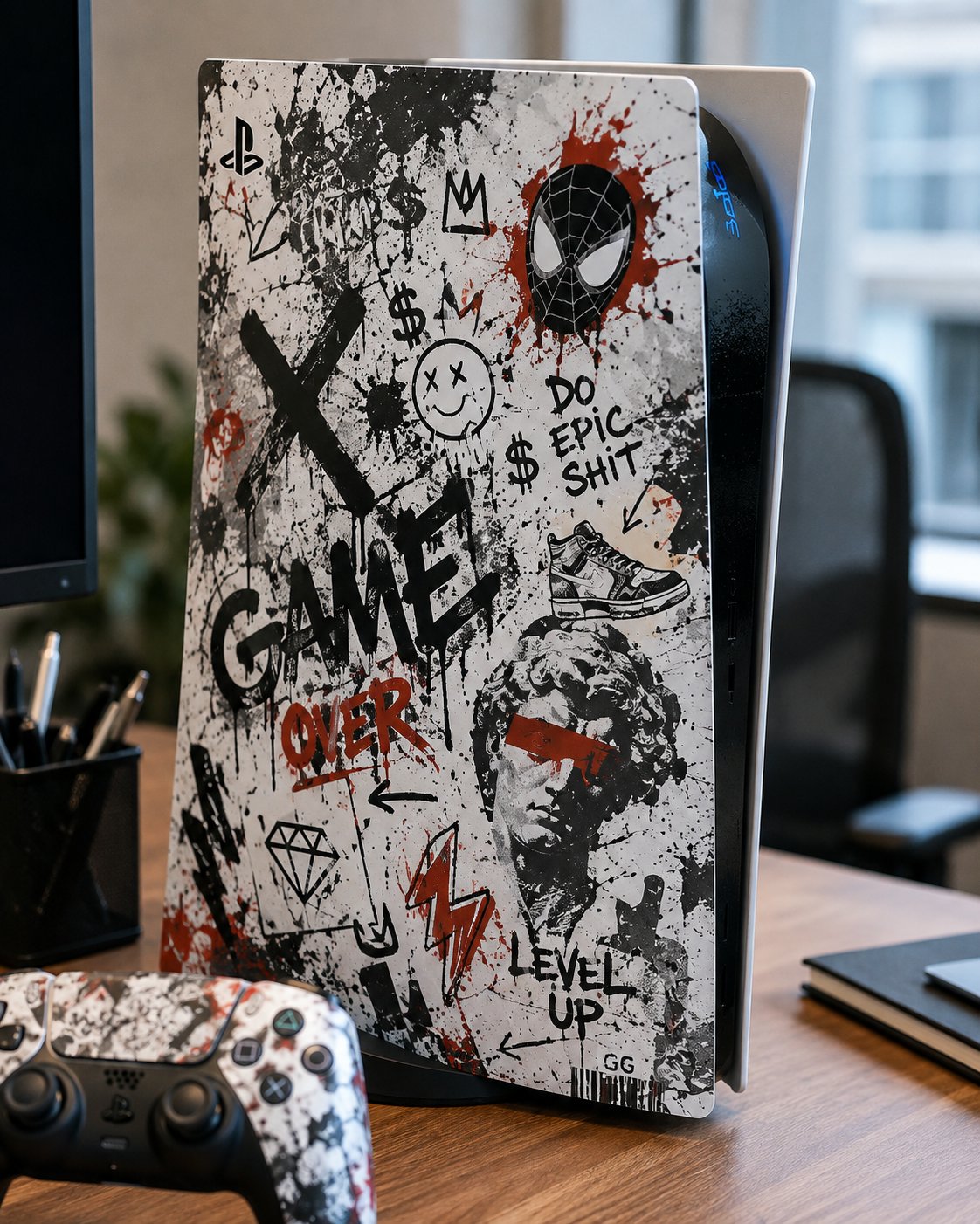 Customer desk setup with the Sticker Bomb PS5 skin applied, office workspace
