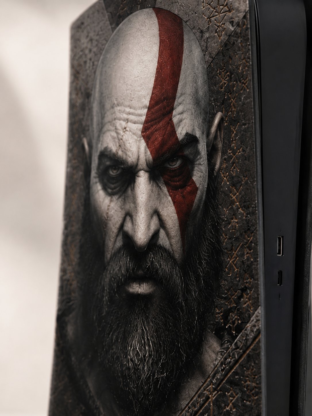 Macro close-up of the Ragnarok skin's precisely cut edge around the PS5's USB ports