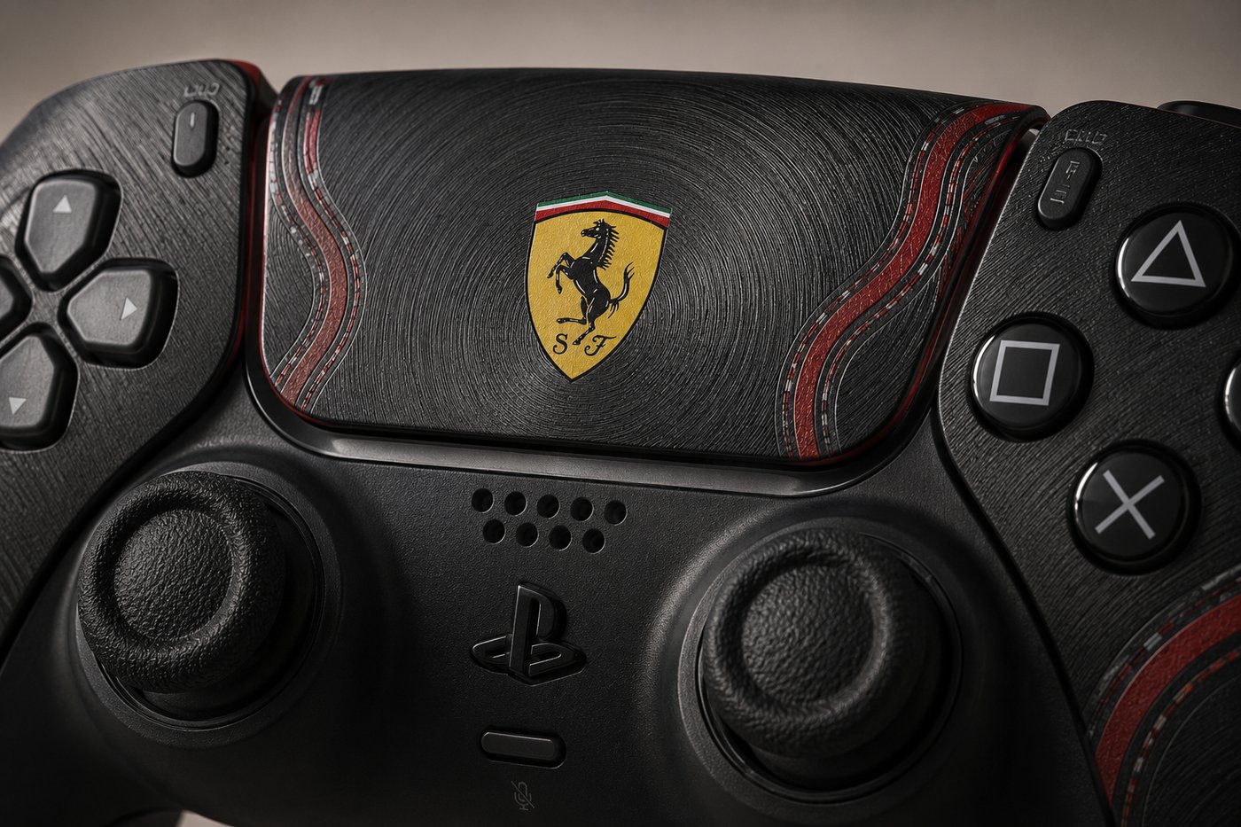 Macro shot of the racing shield badge on the controller