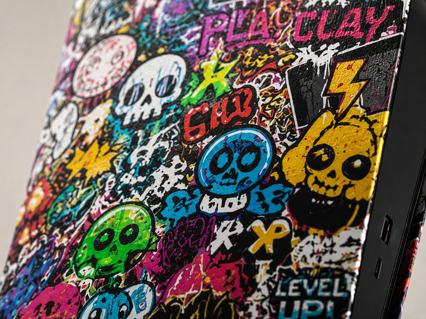 Macro shot of the Sticker Bomb skin's graphic detail