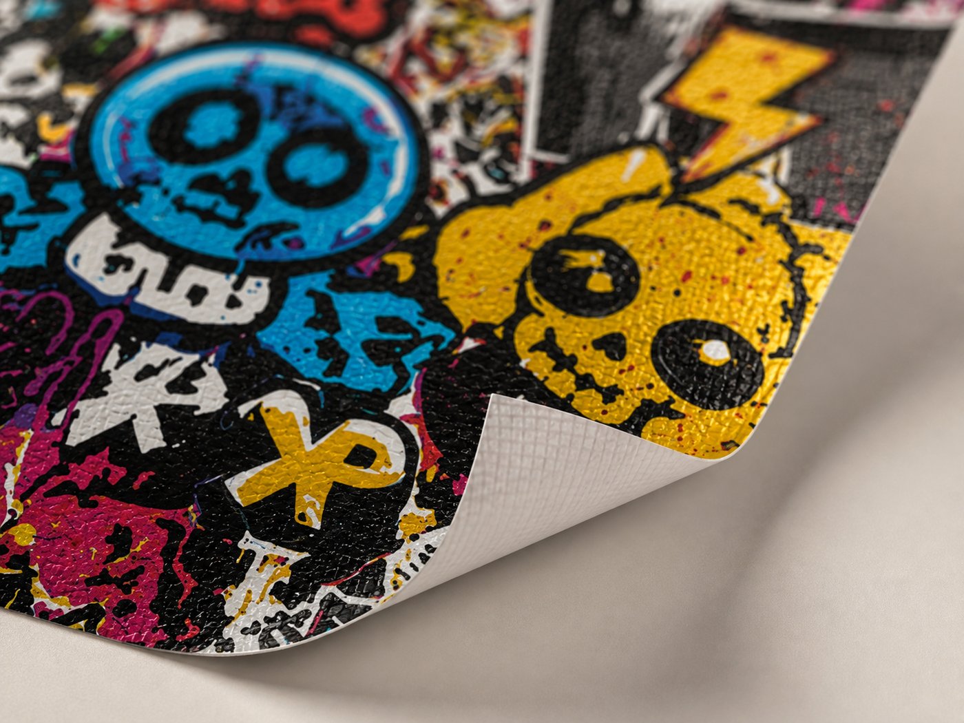 Macro shot of the Sticker Bomb skin's cast vinyl material curl