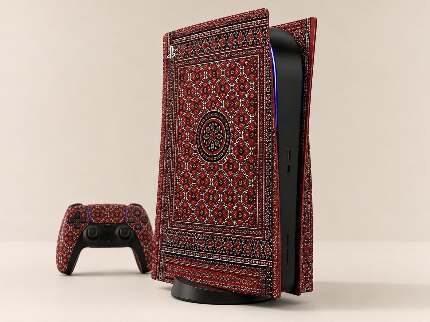 Ajrak PS5 console skin, traditional Sindhi block-print pattern in maroon, cream and black