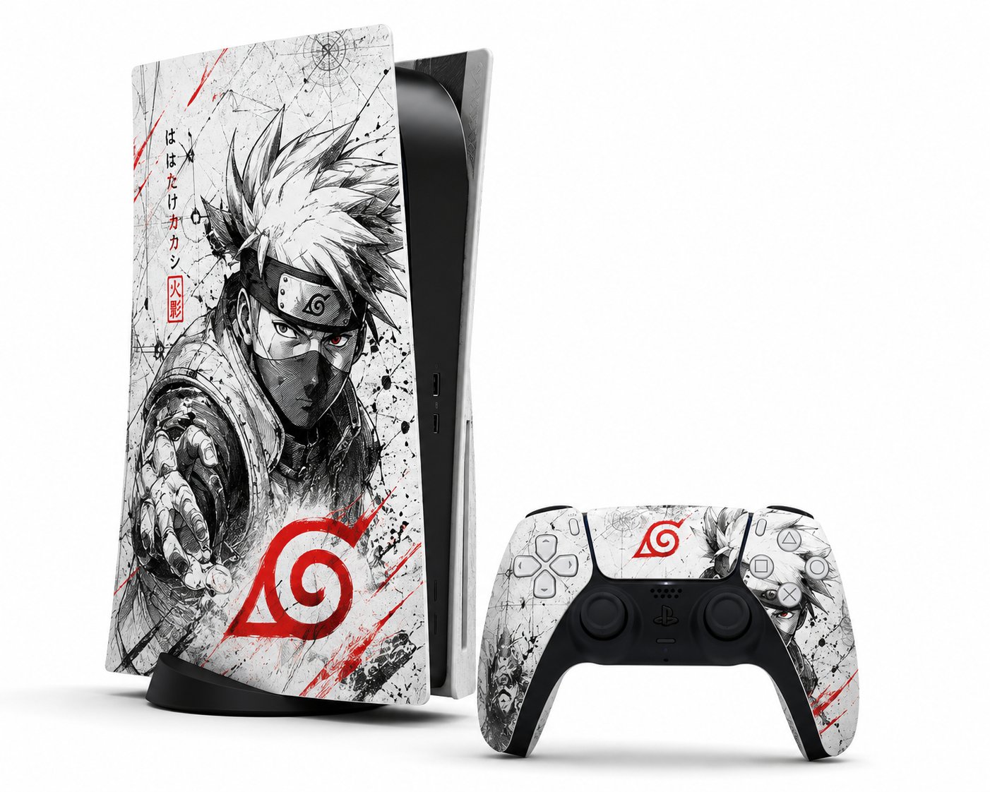 Hokage PS5 console skin, hand-inked ninja portrait with red village emblem