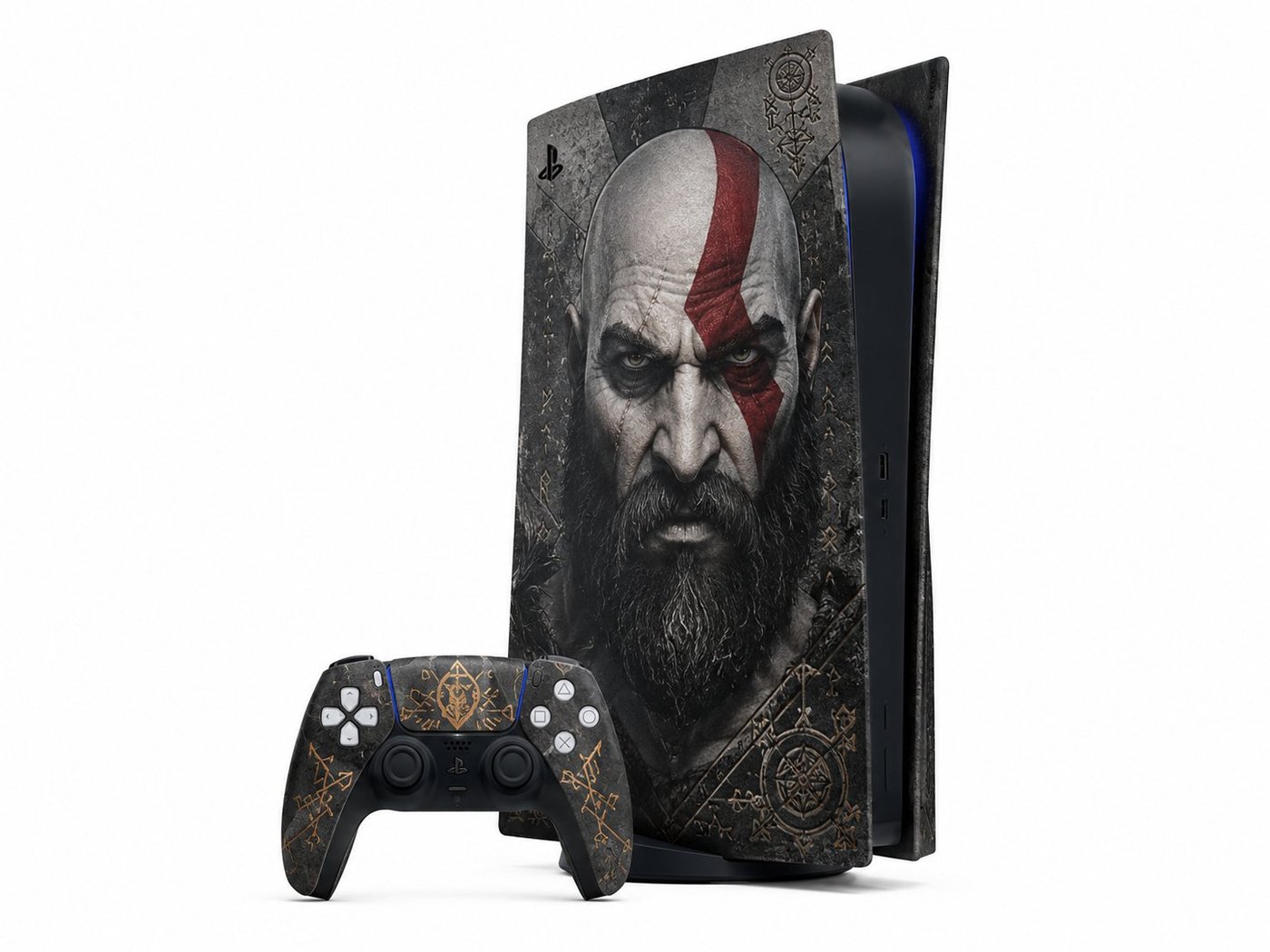 Ragnarok custom PS5 skin, weathered warrior engraving with rune border, studio product shot