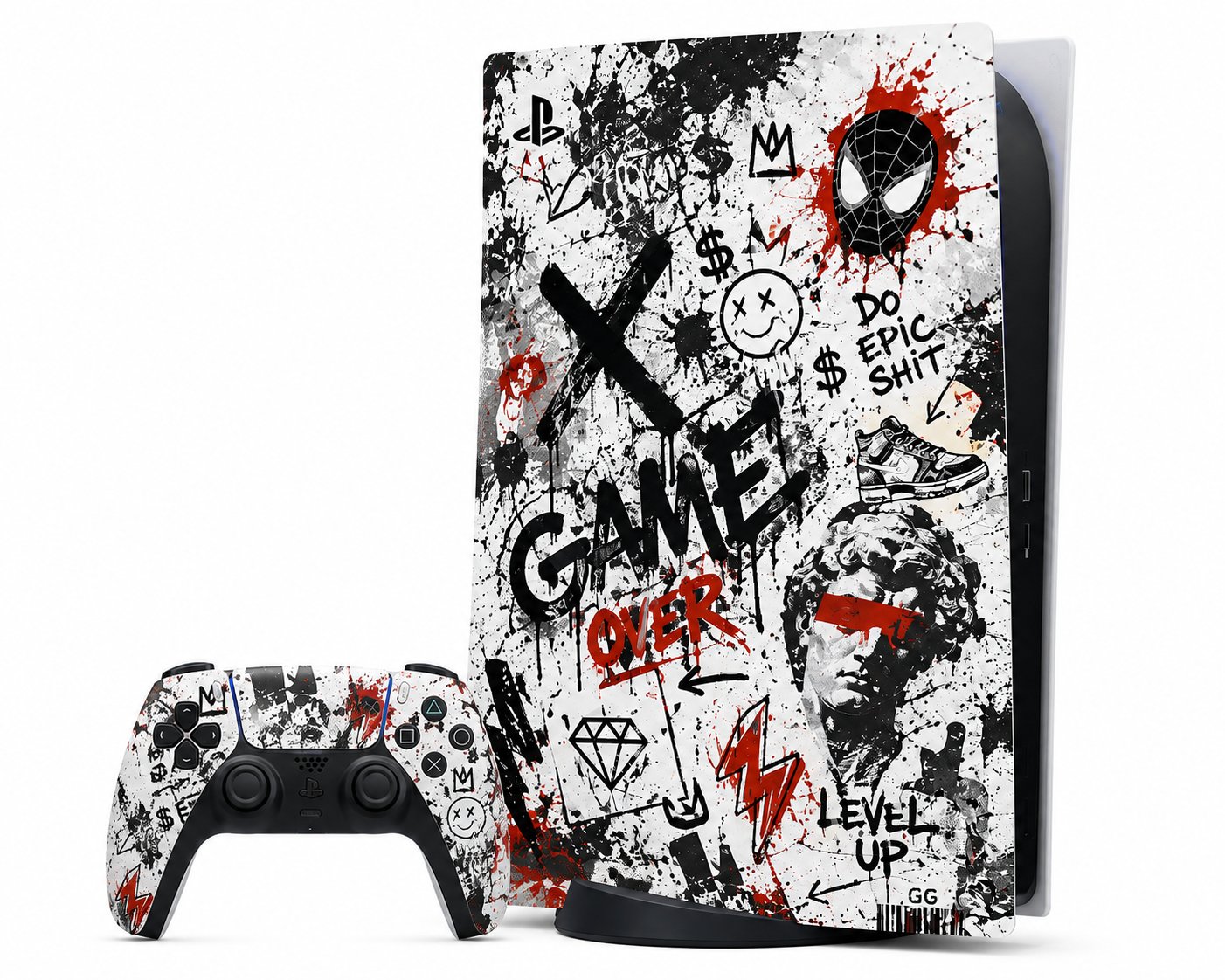Custom uploaded artwork applied to a PS5 skin preview, sticker-collage design on a white studio background