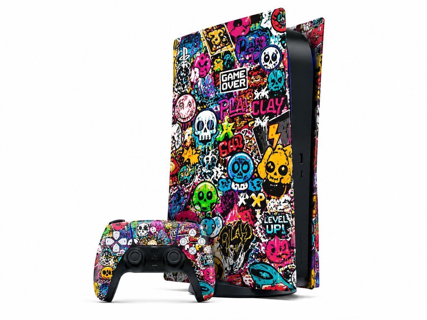 Sticker Bomb custom PS5 skin — console and DualSense controller, colorful maximalist graffiti sticker collage