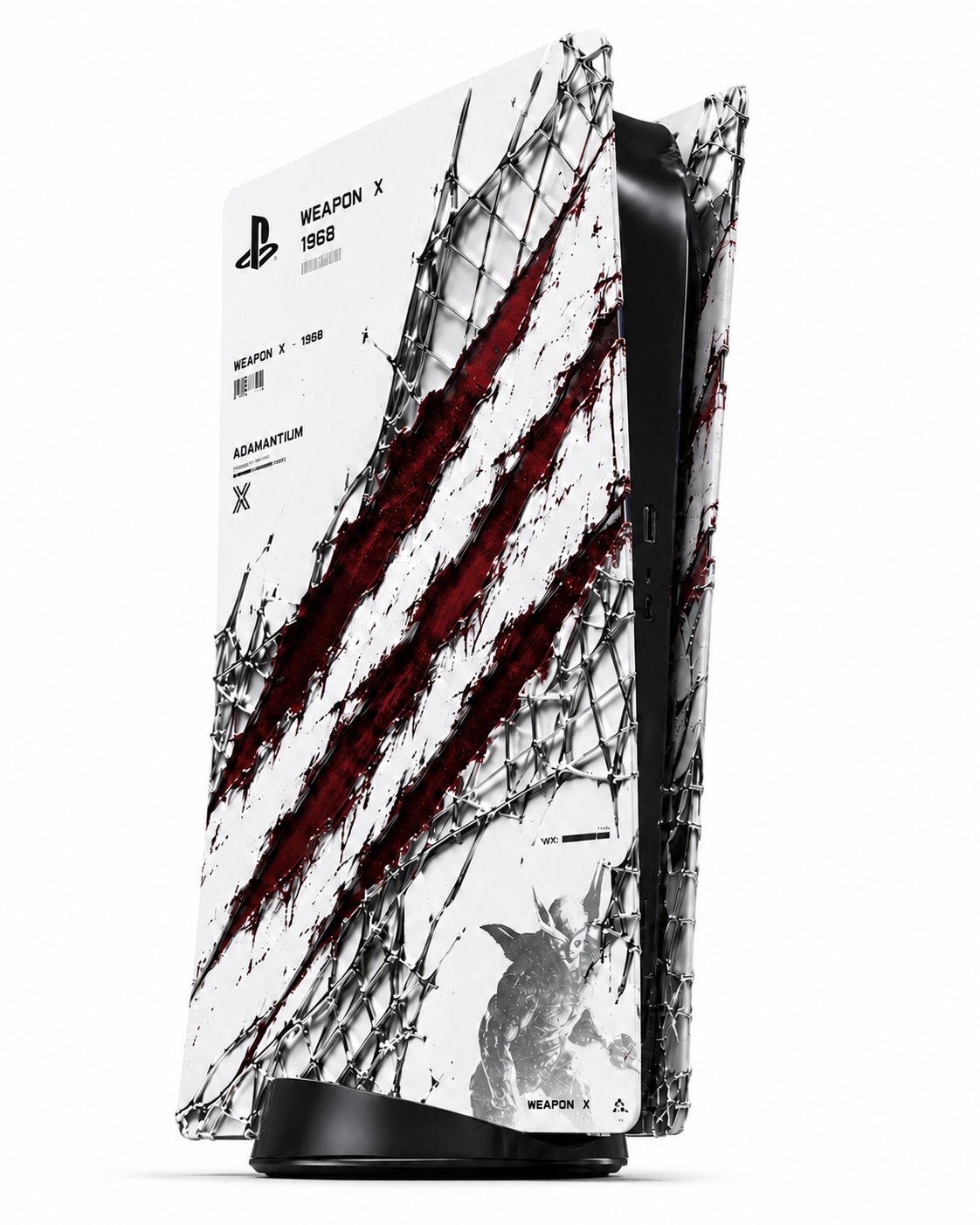 Weapon X PS5 console skin, full panel coverage, studio shot