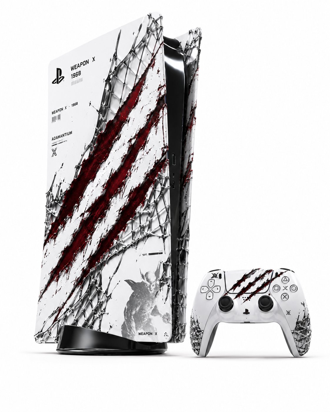 Weapon X custom PS5 skin, claw-slash design over wire mesh texture, studio product shot
