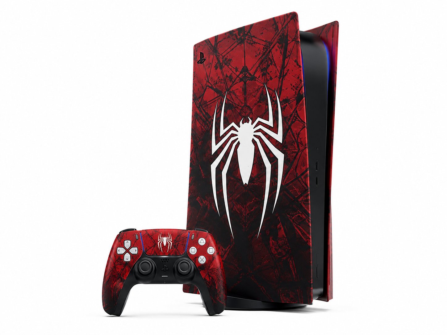 Webslinger PS5 console skin, red spider web pattern with white emblem